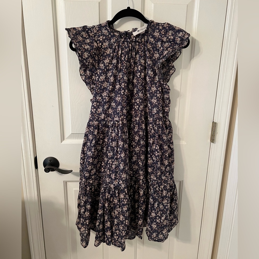 Tiered Aline mini dress, navy with beige flowers